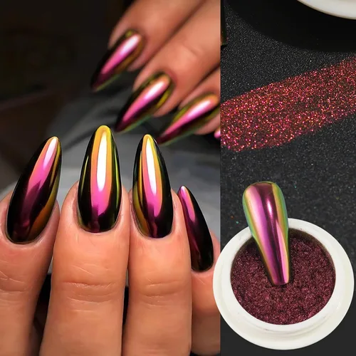 Miniatura 3 de Polvo de uñas cromado camaleón, 4 piezas de pigmento mágico con purpurina para uñas con esponja metálica para frotar polvo Y2K, efecto galaxia