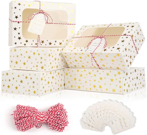 24 cajas de galletas de Navidad para regalo, cajas de regalo de 9 x 6 x 3 pulgadas con estrella dorada con ventana, cajas de galletas navideñas