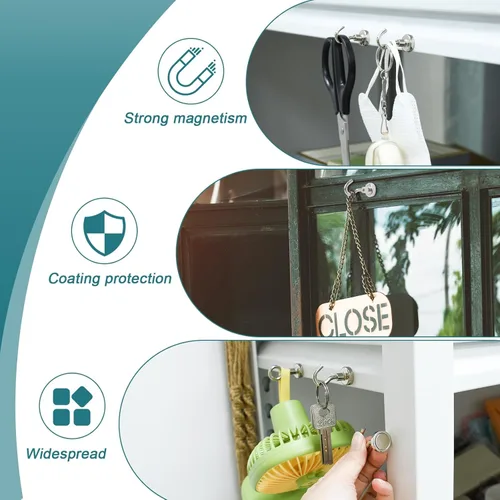 Miniatura 4 de MAGXCENE 50 ganchos magnéticos resistentes, 3 ganchos magnéticos de tierras raras fuertes de diferentes tamaños para colgar, refrigerador, imanes