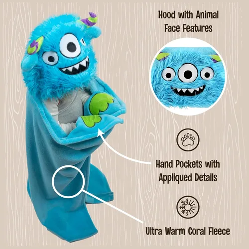 Miniatura 5 de Manta con capucha para llevar puesta Lazy One para niños, manta con capucha de animales (Monstruo)