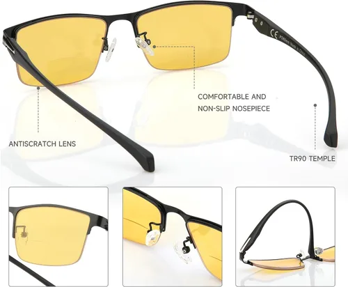 Miniatura 7 de SKYOAK Gafas de lectura bifocales de visión nocturna premium para hombres, lentes ligeros TR90, metal en las patillas, media montura, antirreflejos