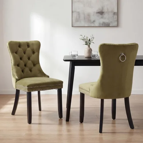 Miniatura 132 de OVENTA Juego de 4 sillas de comedor modernas tapizadas copetudas, terciopelo negro y gris y cuero con patas de madera maciza, sillas de cocina