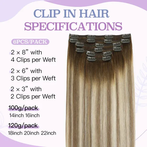 Miniatura 3 de Sindra Extensiones de cabello humano con clip, balayage 3/8/22 de color marrón oscuro a marrón ceniza y rubio dorado, extensiones de cabello humano