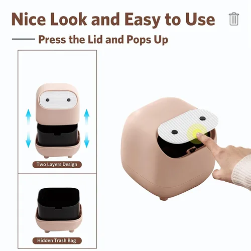 Miniatura 3 de Mini bote de basura con tapa, bonitos botes de basura de escritorio ninja, pequeño bote de basura de plástico para oficina, tocador de baño, Rosa