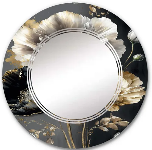 DesignQ Espejo de pared floral y botánico, espejo tradicional ovalado, espejo de baño gris redondo, espejo de tocador floral, ramo de flores en gris