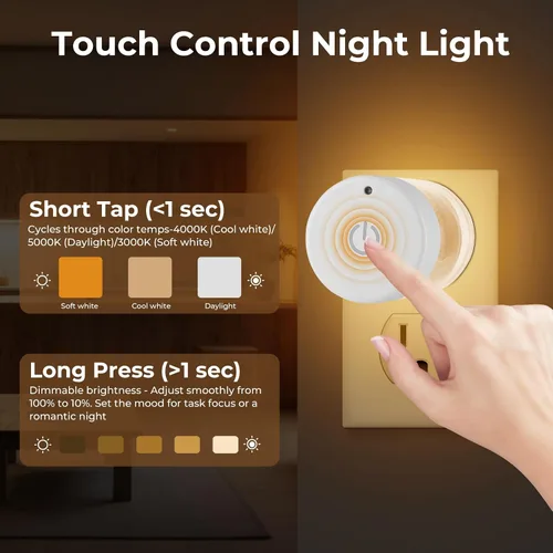 Miniatura 4 de TSEXES Paquete de 2 luces LED nocturnas enchufables a la pared, temperatura de color ajustable de 3000 K/4000 K/5000 K, control táctil, luz nocturna