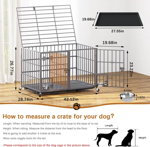 Miniatura 2 de aboxoo Jaula de metal resistente para perros de 42/48 pulgadas para 2 perros/perros grandes, parte superior abierta de metal, perrera