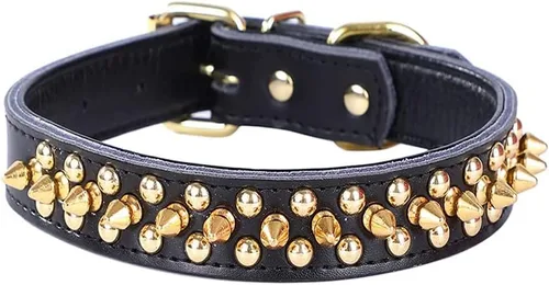 Miniatura 25 de Serijoars Collares ajustables de cuero genuino con tachuelas para mascotas pequeñas, medianas y grandes, Pit Bull, Bulldog, Pugs, Husky (M, morado)