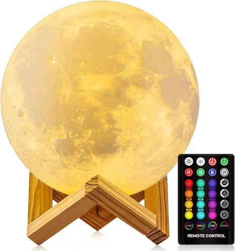 Lámpara de luna - Luz nocturna de luna de 16 colores con soporte, control remoto y táctil y luz de luna decorativa recargable por USB ideal para