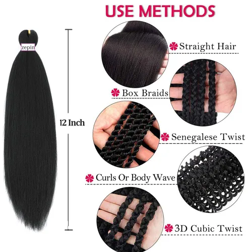 Miniatura 4 de Cabello trenzado previamente estirado de 12 pulgadas, 8 paquetes, pelo profesional suave Yaki para trenzas, ajuste de agua caliente, extensiones