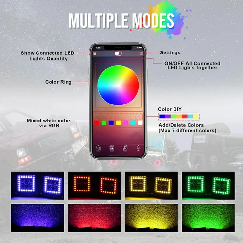 Miniatura 7 de ASLONG 4 Piezas Cubos LED 3X3 Blanco/Ámbar Pods Estroboscópicos de Inundación Trabajo con Halo RGB Chaser 16 Colores Sólidos Más de 92 Modos