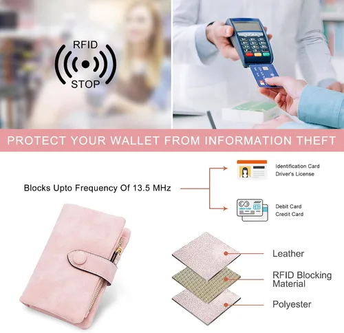 Miniatura 5 de Billeteras con bloqueo RFID para mujer, de gran capacidad, de cuero suave, cartera pequeña con correa para la muñeca, Rosado, Casual