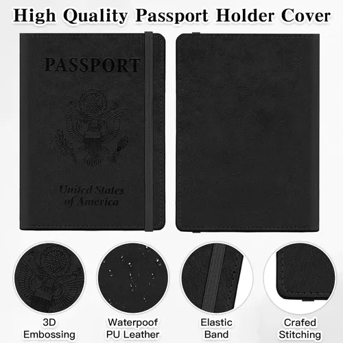 Miniatura 4 de Soporte para pasaporte para viajes, funda de pasaporte con bloqueo RFID con soporte para bolígrafo, funda de cuero para pasaporte, accesorios