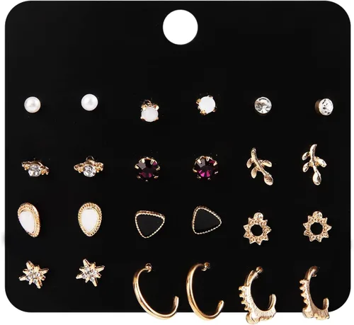 Miniatura 5 de Juego de 63 pares de aretes tipo dormilona para mujer, hipoalergénicos, variados, con bloqueo de luna, estrellas y perlas de imitación