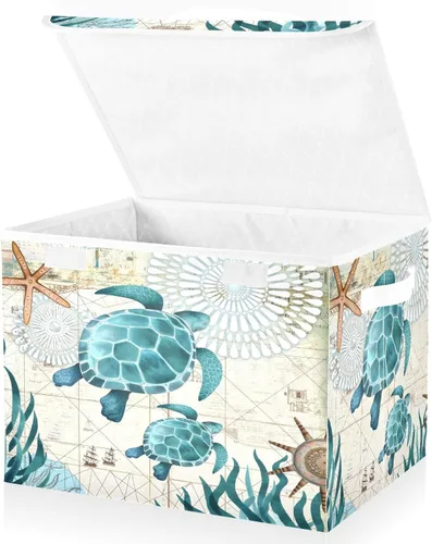 Large Collapsible Storage Bins with Lids, Vintage Ocean Sea Turtle Starfish Map Storage Baskets Organizer Containers with Handles for Nursery