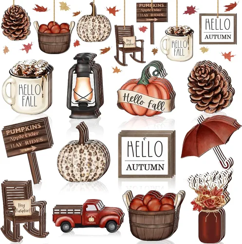 Maitys 36 adornos para árbol de otoño, decoraciones colgantes de Acción de Gracias, decoración vintage de calabaza, gnomo, hojas de madera, cosecha