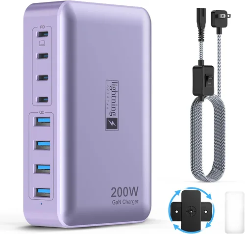 Miniatura 9 de Bloque de carga rápida USB C de 200 W, estación de carga de 8 puertos para iPhone/iPad/MacBook, caja de cargador 4C4A GaN, cargadores múltiples