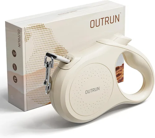 OUTRUN Correa retráctil para perro de 16.5 pies para caminar hasta 55 libras, cinta de nailon fuerte sin enredos, bloqueo de freno resistente con