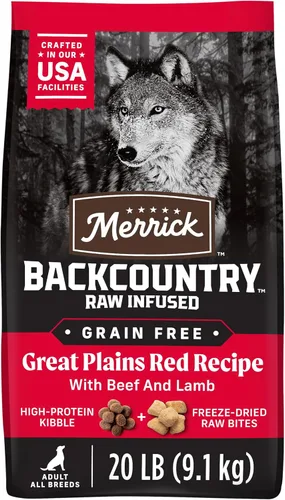 Merrick Backcountry Alimento seco para perros sin granos para adultos con croquetas con piezas crudas liofilizadas, receta de Great Plains Red -