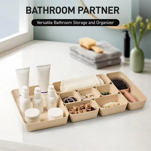 Miniatura 4 de ISSEVE 8 bandejas organizadoras de cajones de silicona anidables, 4 tamaños versátiles para tocador de baño y escritorio, juego de contenedores