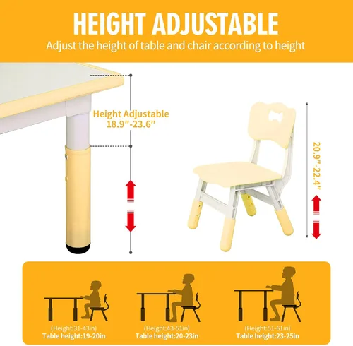Miniatura 6 de UNICOO - Juego de mesa y sillas de estudio para niños, escritorio de arte infantil de plástico ajustable en altura con 4 asientos, juego de mesa