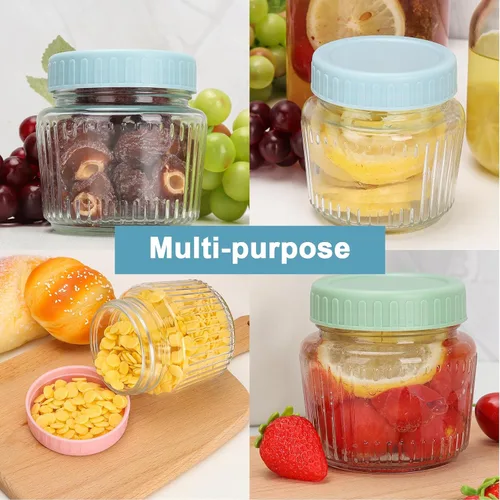 Miniatura 4 de Frascos de vidrio Mason de boca regular, tarros Mason mini de 4 oz, paquete de 8 frascos de vidrio transparente con tapas de plástico coloridas