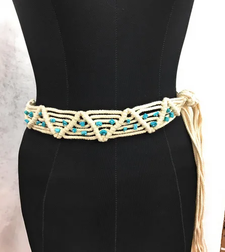 Miniatura 3 de Cinturón de cuerda trenzada con cuentas de jade para mujer, talla única, ajustable, 62 pulgadas, longitud completa, Natural