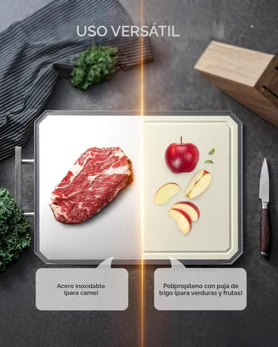 Miniatura 3 de Tabla de cortar extragrande, juego de tablas de cortar de acero inoxidable de doble cara para cocina, acero inoxidable/paja de trigo pp, tabla