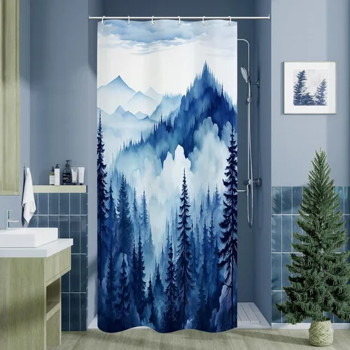 Miniatura 18 de Litabel - Cortina de ducha negra pequeña de 36 x 72 pulgadas, diseño de bosque de pino neblinoso, cortinas de ducha estrechas de medio