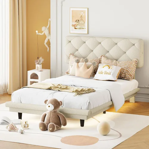 Cama de plataforma flotante, marco de cama de madera tamaño individual con rayas claras, tela de lino suave y cabecera de diseño capitoné con