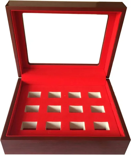 Miniatura 3 de JunningGor 12 Agujeros Campeonato Big Heavy Ring Display Case Joyero de madera Terciopelo Rojo Interior (Rojo)
