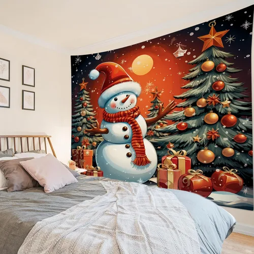 Miniatura 8 de HVEST Tapiz navideño de muñeco de nieve para colgar en la pared, divertido muñeco de nieve con sombrero rojo de Navidad y tapiz de regalo, tapiz