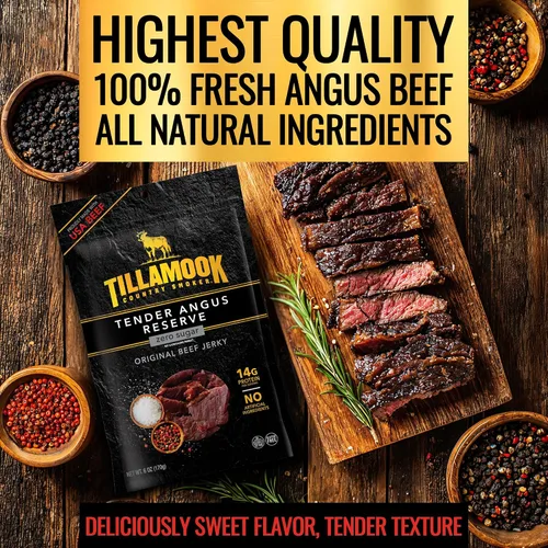 Miniatura 4 de Tillamook Country Smoker Tender Angus Reserve Original Beef Jerky, bolsa de 6 oz, Carne de res Angus de EE. UU. ahumada lentamente con madera real