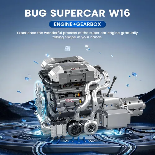 Miniatura 2 de Mould King Bloques de construcción 10201 Supercar, kit de modelo de transmisión de motor W16, juego de ladrillos de automóvil deportivo a escala
