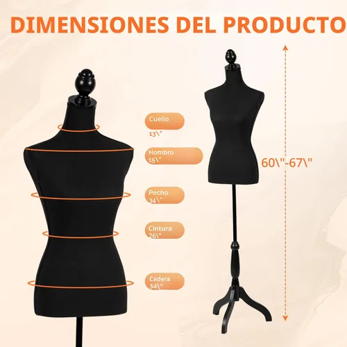 Miniatura 2 de FDW Maniquí 60"-67" de altura ajustable, modelo de vestido femenino, soporte de trípode para exhibición de torso y cuerpo, formas de ropa (negro)
