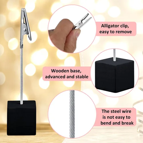 Miniatura 3 de Gersoniel 20 Piezas Soporte de Clip para Notas Base Cúbica con Clip de Cocodrilo Soporte de Números de Mesa de Madera Base Cúbica Soporte para Negro
