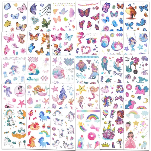 Ozepao Tatuaje temporal con purpurina para niñas, 30 hojas de calcomanías de tatuaje de mariposa, sirena, unicornio para niños, tatuajes falsos