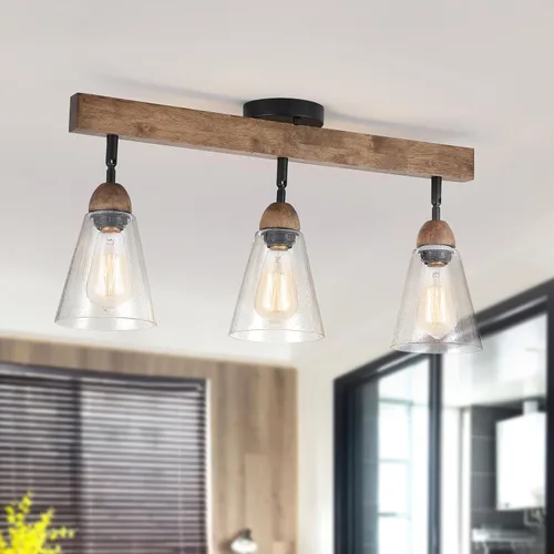Miniatura 12 de Lámpara de techo rústica de cristal empotrado, mini pantalla de vidrio transparente y madera de roble, lámpara de techo semiempotrada para cocina