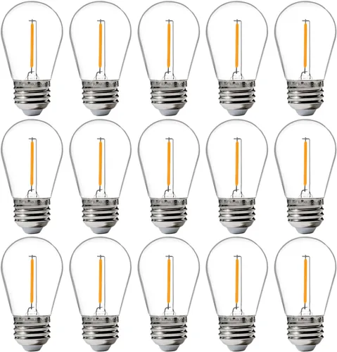 Paquete de 15 bombillas LED de repuesto para exteriores FLSNT para luces de cadena, bombillas colgantes LED S14 para patio, jardín, base E26, 2200 K