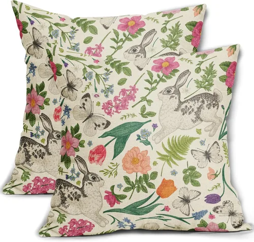 Miniatura 22 de Juego de 2 fundas de almohada de primavera de 16 x 16 pulgadas, diseño de conejo, flores rosas, hojas verdes salvia, plantas botánicas vintage
