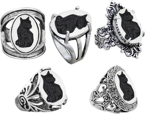 Vintage Look 10pcs Lot Cat Cameo Anillos para las Mujeres Antiguo Plata Real Plateado Diseño Tamaño Mezclado Personalizado Joyería de Moda, Metal,