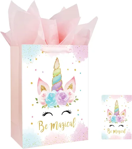 Bolsa de regalo de unicornios grandes de 13 pulgadas para cumpleaños, baby shower, bolsa de regalo para niña con tarjeta y papel de seda, diseño de