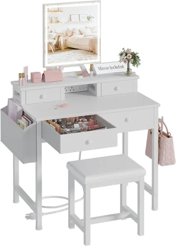 Miniatura 12 de Pequeño escritorio de maquillaje con luces, juego de tocador para niñas de 31 pulgadas con espejo y silla, tocador de maquillaje con cajones y toma