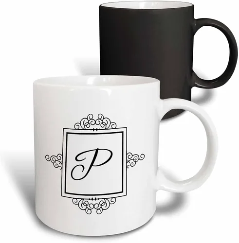 Miniatura 10 de 3dRose 3dRose Letra inicial P personal monograma elegante tipografía en blanco y negro elegante personalizado – Taza negra de dos tonos, 11 onzas
