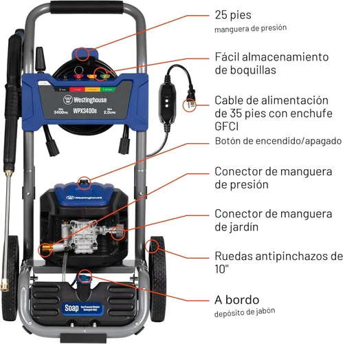 Miniatura 4 de Westinghouse WPX3400e Lavadora a presión eléctrica, 3400 PSI máximo y 2.0 GPM máximo, motor sin escobillas, tanque de jabón a bordo, pistola