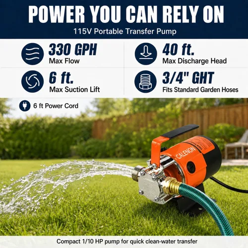 Miniatura 2 de Bomba de transferencia de agua de 115 V, bomba eléctrica portátil de 1/10 HP 330 GPH con manguera de succión de 6 pies y colador, bomba de succión