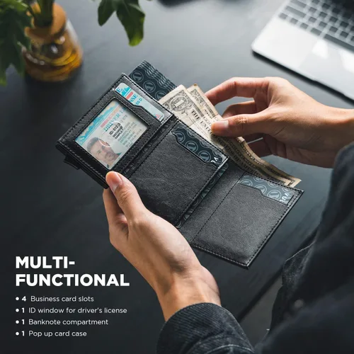 Miniatura 6 de VULKIT Tarjetero de crédito con compartimento para billetes de banco, bloqueo RFID, cartera de cuero desplegable con ventana de identificación