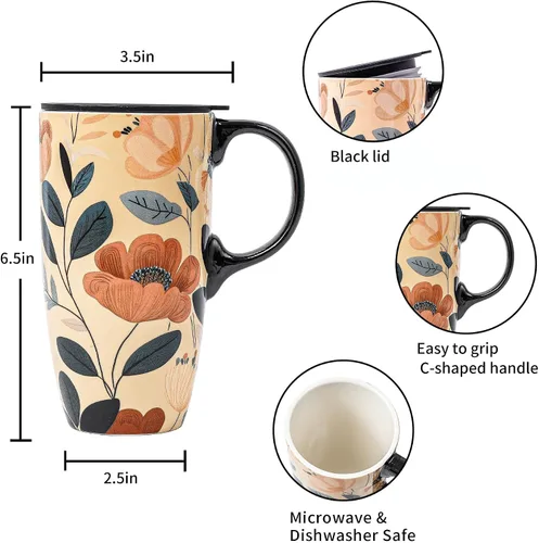 Miniatura 9 de Topadorn Taza de viaje de cerámica floral bohemia de 17 onzas con tapa, resistente a derrames, apta para microondas y lavavajillas, caja de regalo
