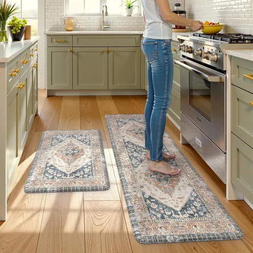 Miniatura 49 de KIMODE - Juego de 2 tapetes de cocina bohemios, antifatiga, antideslizantes, impermeables, ergonómicos, acolchados, cómodos, para lavandería, Caqui