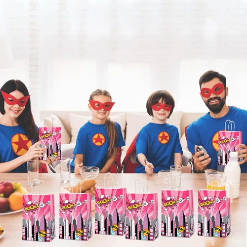 Miniatura 4 de gisgfim 12 piezas de bolsas de suministros para fiesta temática de Super Girl, bolsas de papel para golosinas y tratamientos de cumpleaños